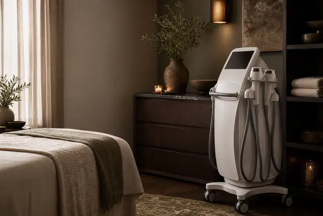Boutique body sculpting treatment room with a modern device, cream linen, espresso wood, and olive accents.