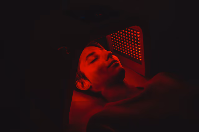 Small red light therapy room with warm LED glow and espresso wood floor.